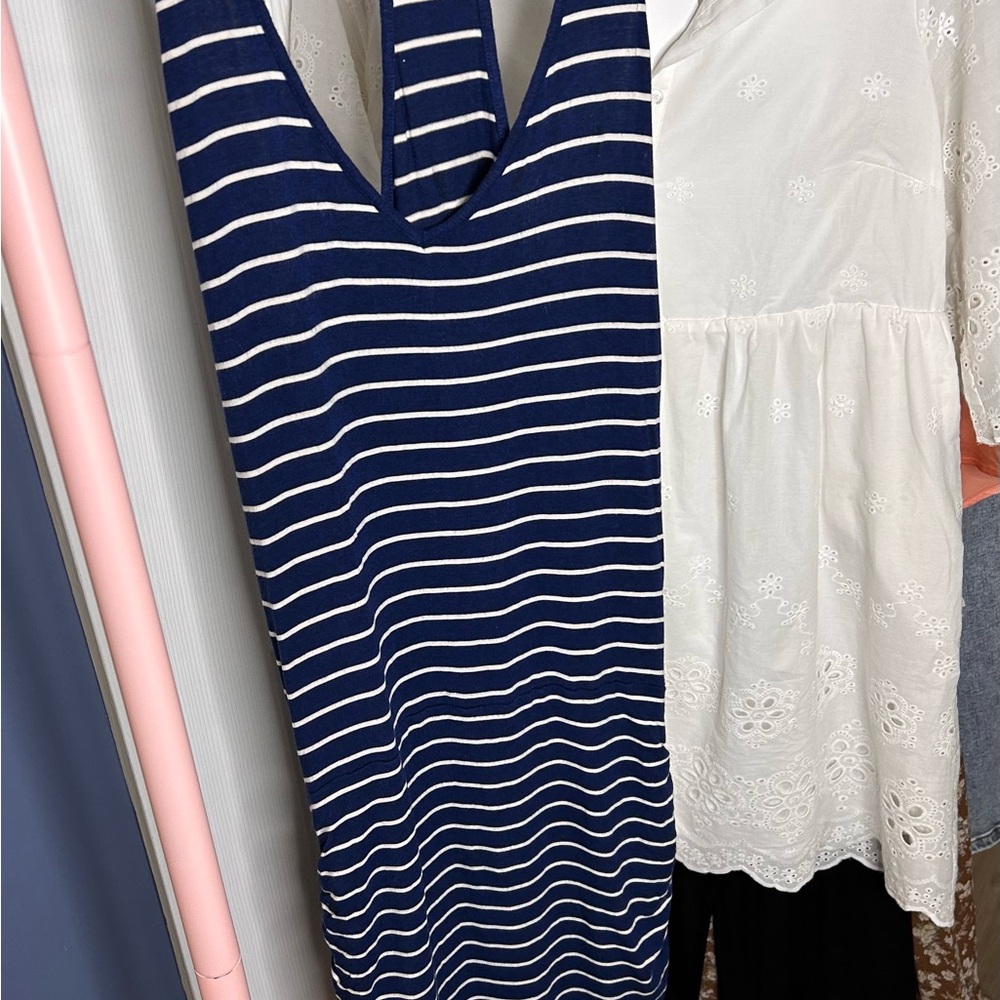 Athleta Blue and White Sporty Stripe Ruched Tank Dress Medium